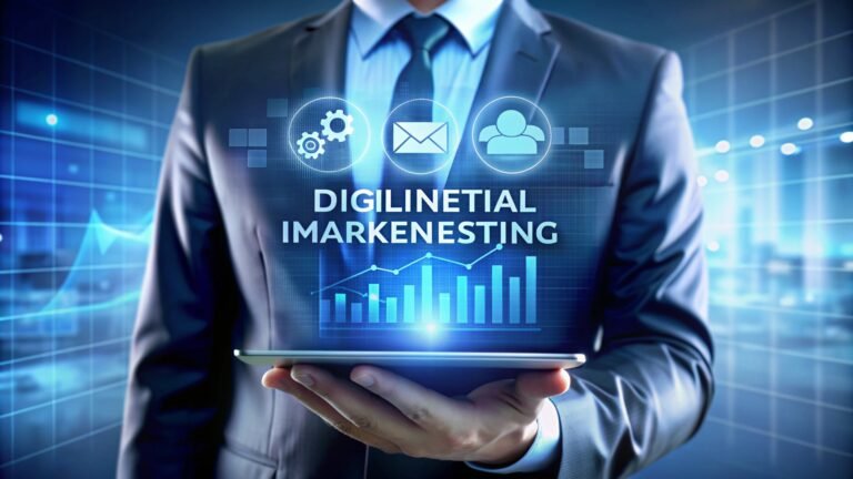 businessman holding digital tablet with digital marketing graph.